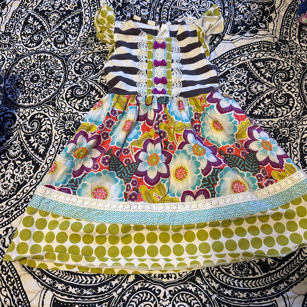 Girls Mixed-Print Floral & Stripe Casual Dress in Green and Purple
